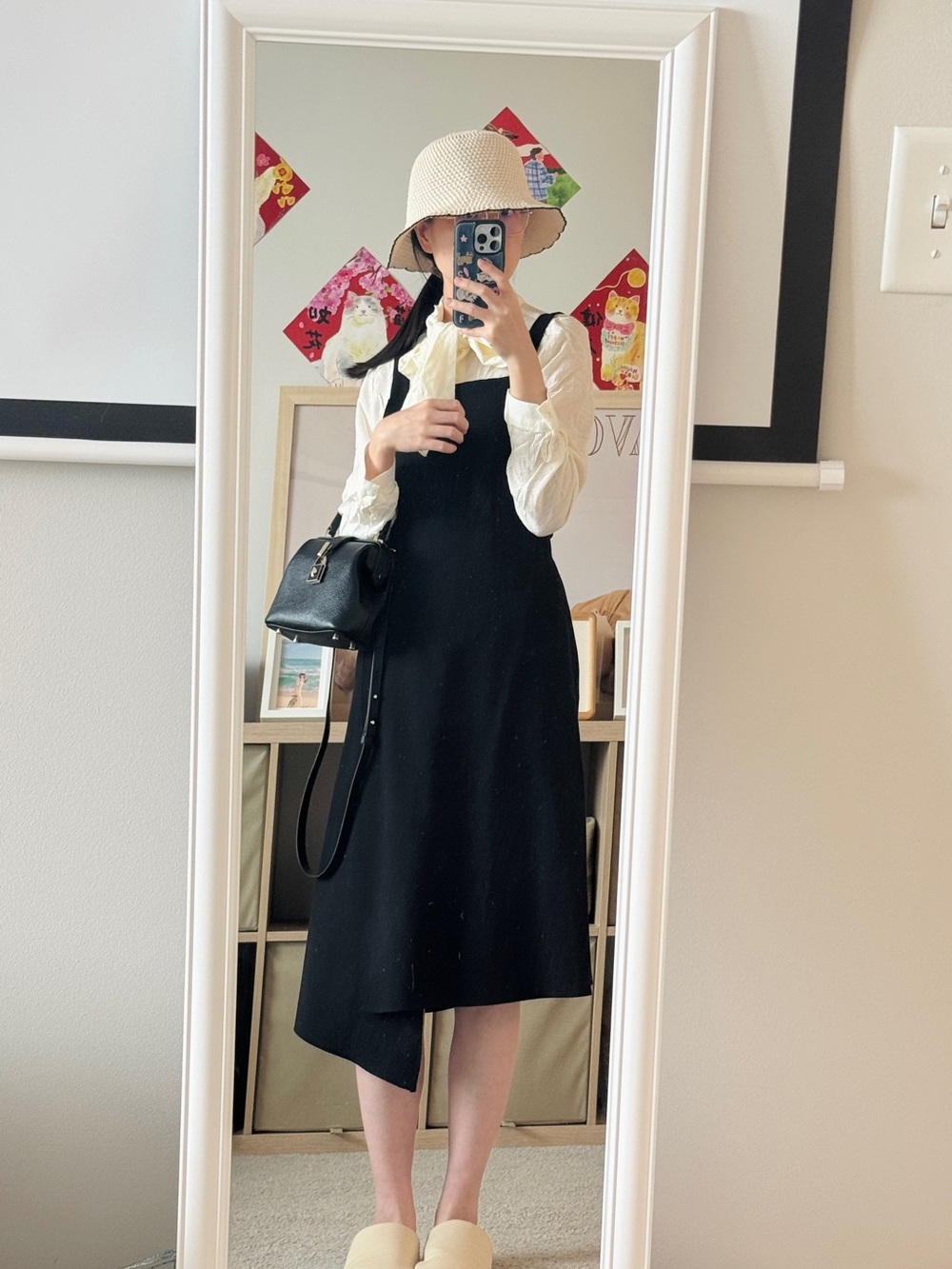 Korean Brand Black Asymmetrical Slip Dress with Cream Blouse